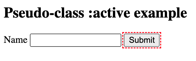 A simple web form with a name input field and a submit button. The submit button is highlighted with a dashed red outline.