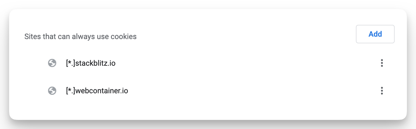 Screenshot of the cookies settings in a Chromium-based browser. Section 'Sites that can always use cookies' lists [*.]stackblitz.io and [*.]webcontainer.io.