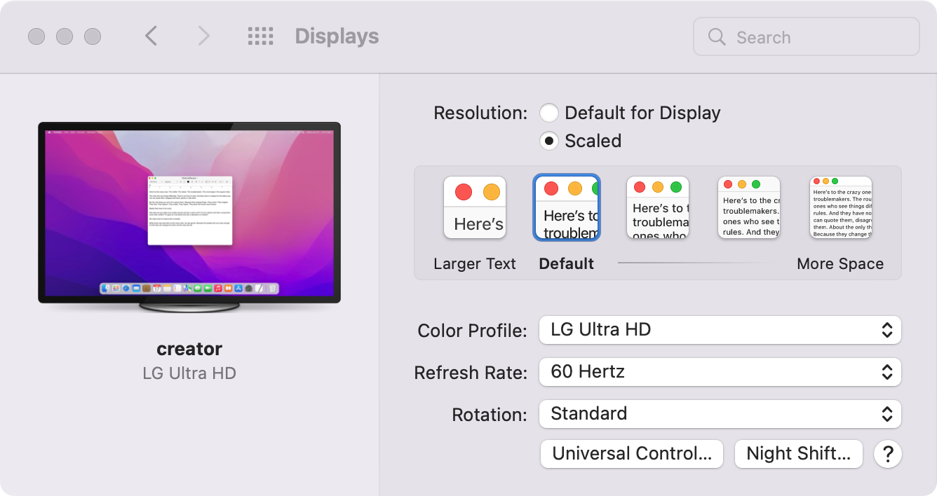 Screenshot of display preferences on macOS.