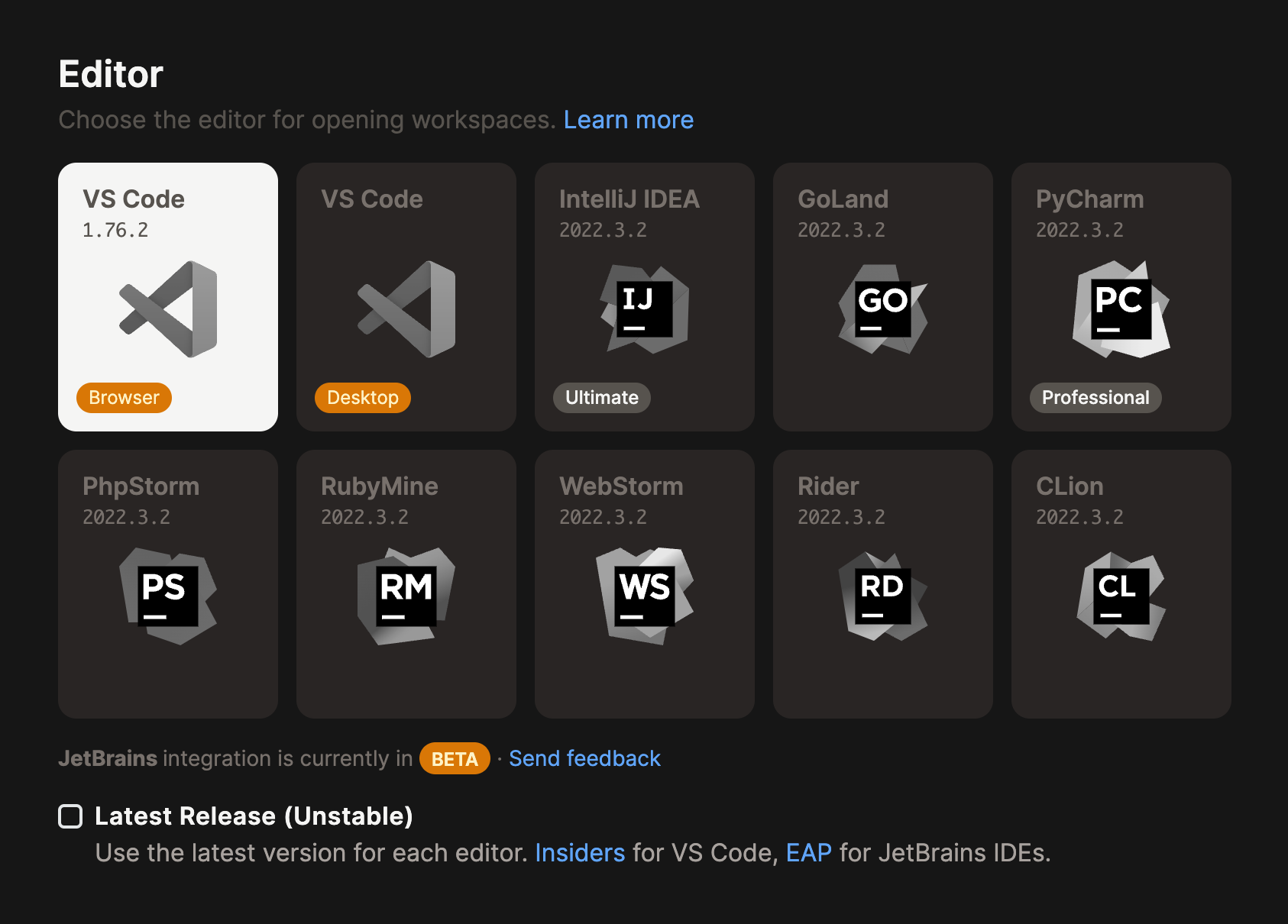 Screenshot of user settings in the Gitpod dashboard. There are ten cards with ten editor options, VS Code desktop and browser, and several IDEs by JetBrains.