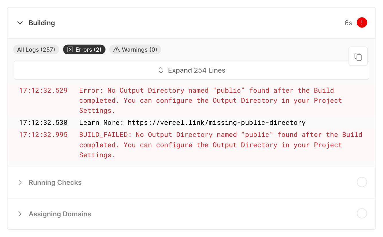 Screenshot of the error log of a Vercel deploy. The error message reads: No output directory named 'public' found after the build completed.