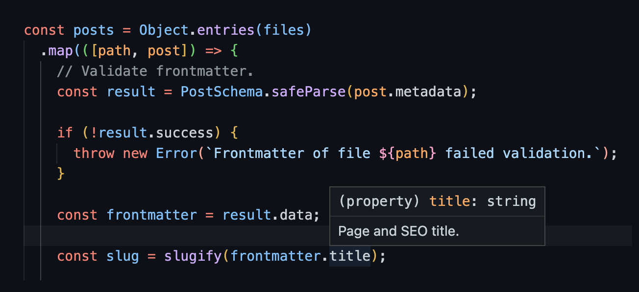 Screenshot of the code snippet from above in Visual Studio Code. The mouse hovers over `frontmatter.title`, and a pop-up shows the type `string` and the description from the `PostSchema` Zod schema.